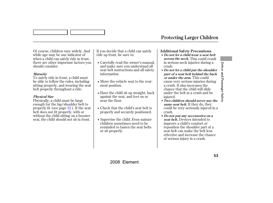 Protecting larger children | HONDA 2008 Element User Manual | Page 57 / 281