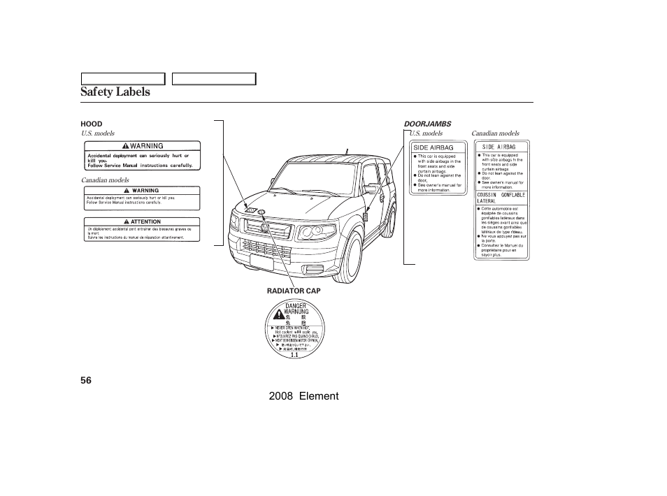 Safety labels, 2008 element | HONDA 2008 Element User Manual | Page 60 / 281