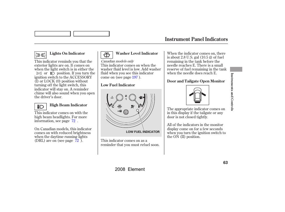 Instrument panel indicators, 2008 element | HONDA 2008 Element User Manual | Page 67 / 281