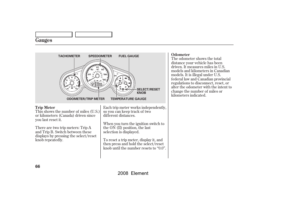 Gauges | HONDA 2008 Element User Manual | Page 70 / 281