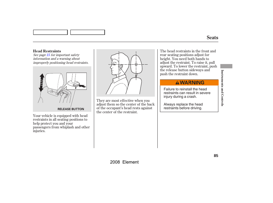 Seats, 2008 element | HONDA 2008 Element User Manual | Page 89 / 281