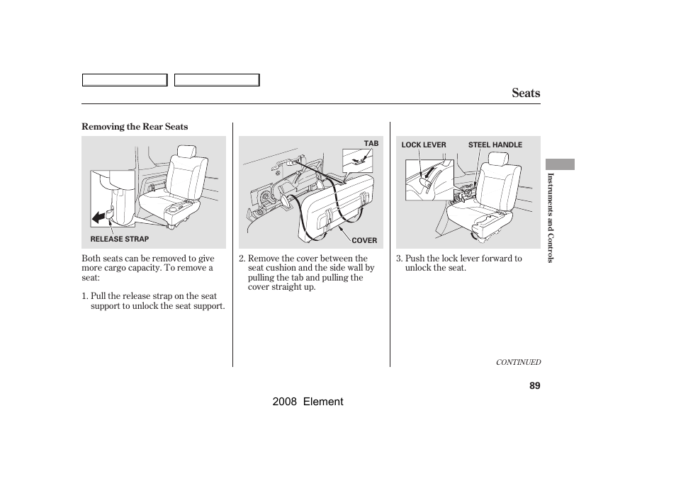 Seats, 2008 element | HONDA 2008 Element User Manual | Page 93 / 281