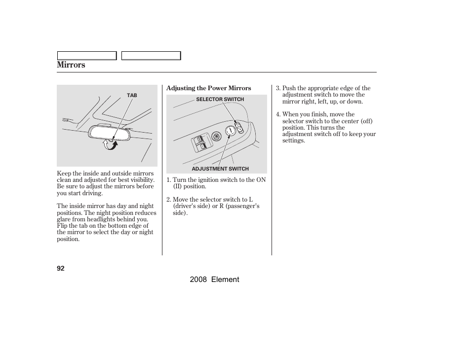 Mirrors | HONDA 2008 Element User Manual | Page 96 / 281