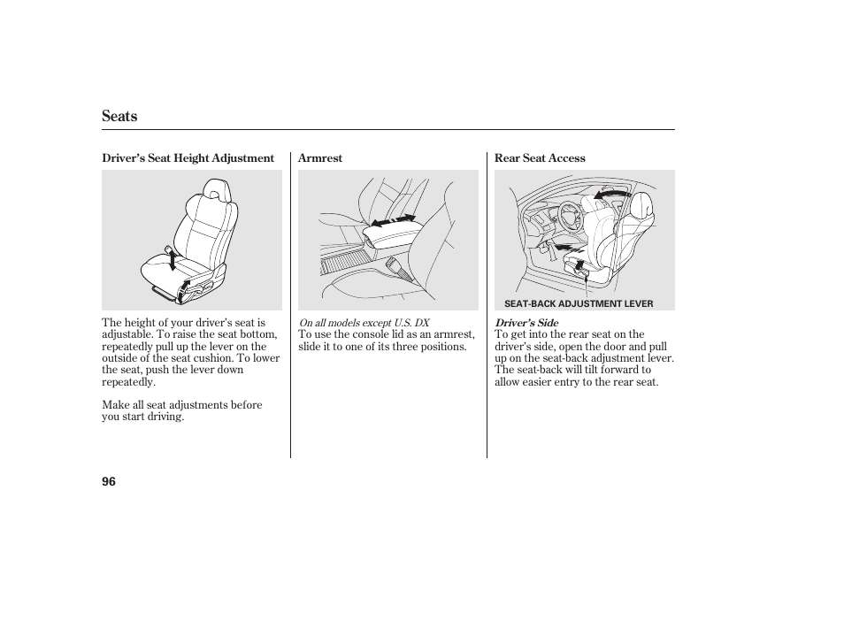 Seats | HONDA 2011 Civic Coupe User Manual | Page 102 / 402