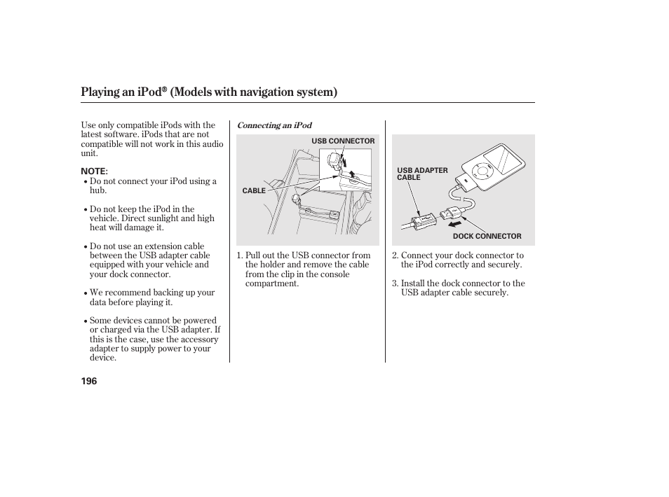 Playing an ipod (models with navigation system) | HONDA 2011 Civic Coupe User Manual | Page 202 / 402