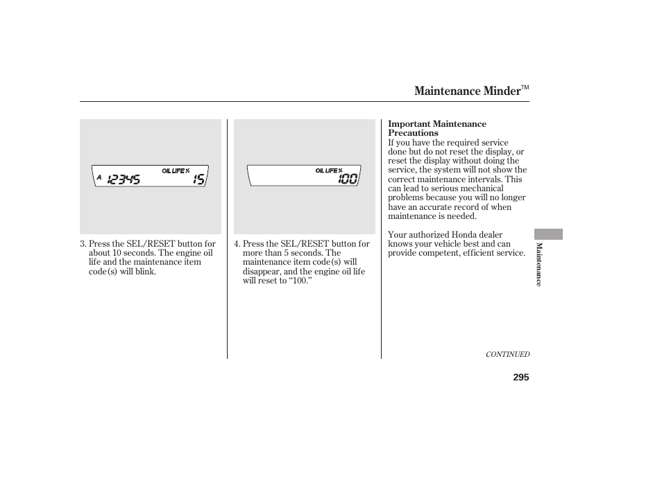 Maintenance minder | HONDA 2011 Civic Coupe User Manual | Page 301 / 402