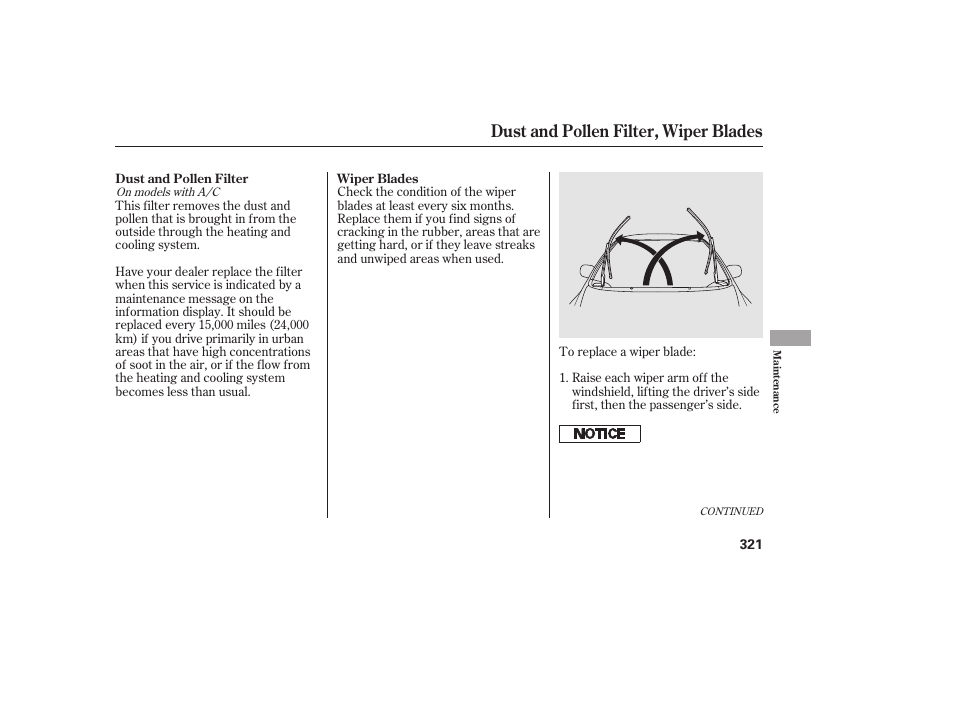 Dust and pollen filter, wiper blades | HONDA 2011 Civic Coupe User Manual | Page 327 / 402