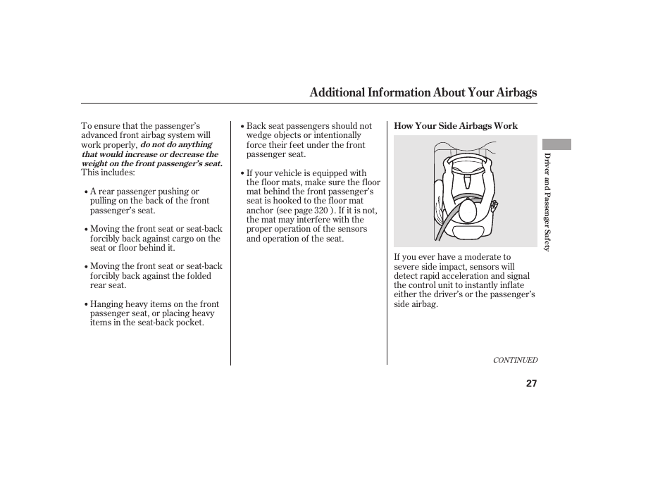 Additional information about your airbags | HONDA 2011 Civic Coupe User Manual | Page 33 / 402