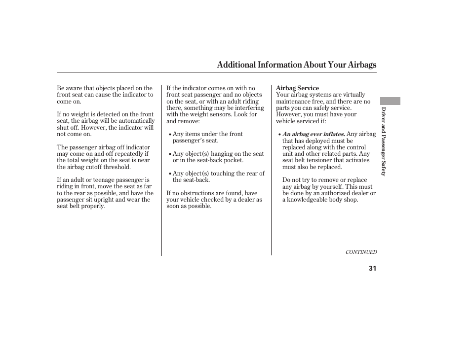 Additional information about your airbags | HONDA 2011 Civic Coupe User Manual | Page 37 / 402