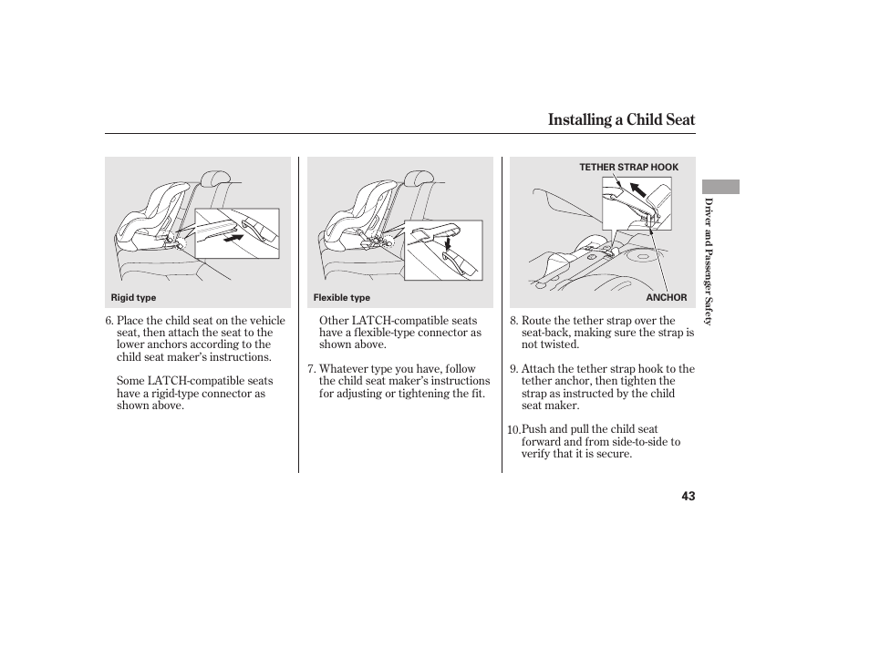 Installing a child seat | HONDA 2011 Civic Coupe User Manual | Page 49 / 402