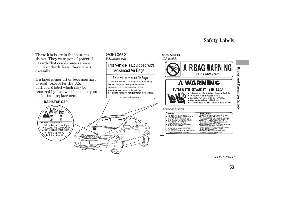 Safety labels | HONDA 2011 Civic Coupe User Manual | Page 59 / 402