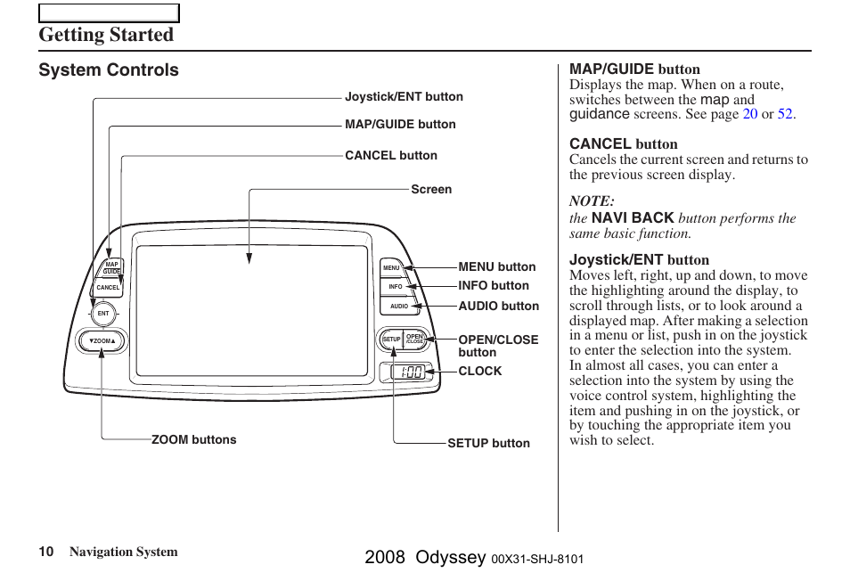 Getting started, 2008 odyssey, System controls | HONDA 2008 Odyssey Navigation User Manual | Page 10 / 148