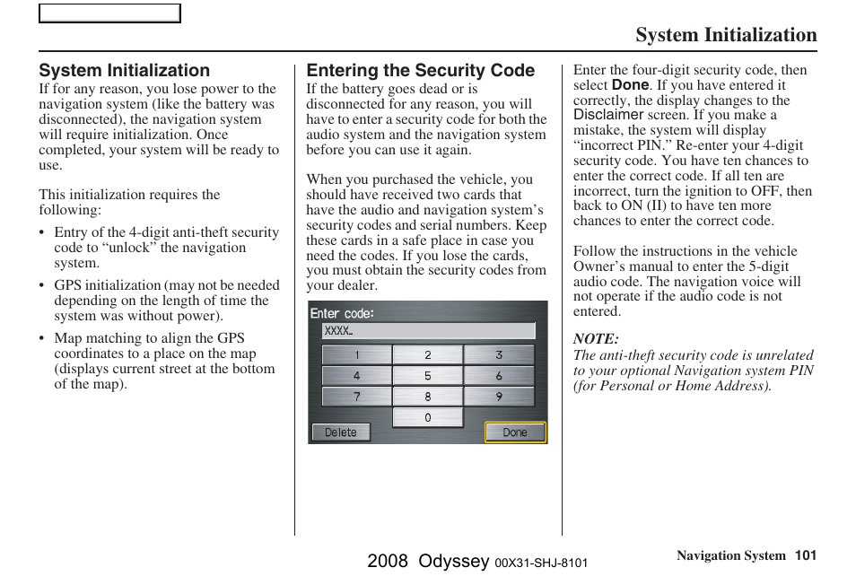 System initialization, 2008 odyssey | HONDA 2008 Odyssey Navigation User Manual | Page 101 / 148