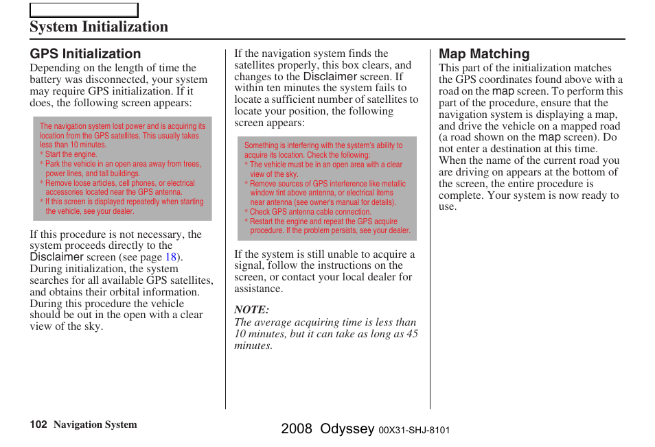 System initialization, 2008 odyssey | HONDA 2008 Odyssey Navigation User Manual | Page 102 / 148