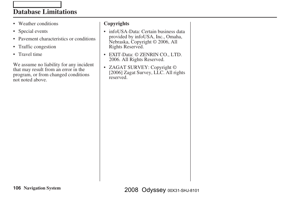 Database limitations, 2008 odyssey | HONDA 2008 Odyssey Navigation User Manual | Page 106 / 148