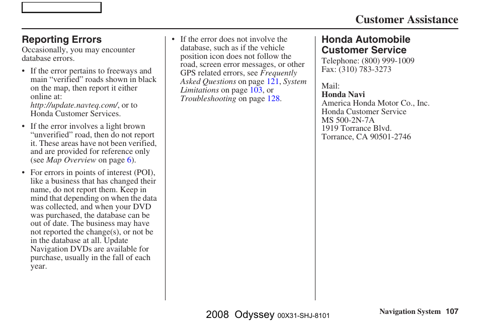 Customer assistance, 2008 odyssey | HONDA 2008 Odyssey Navigation User Manual | Page 107 / 148