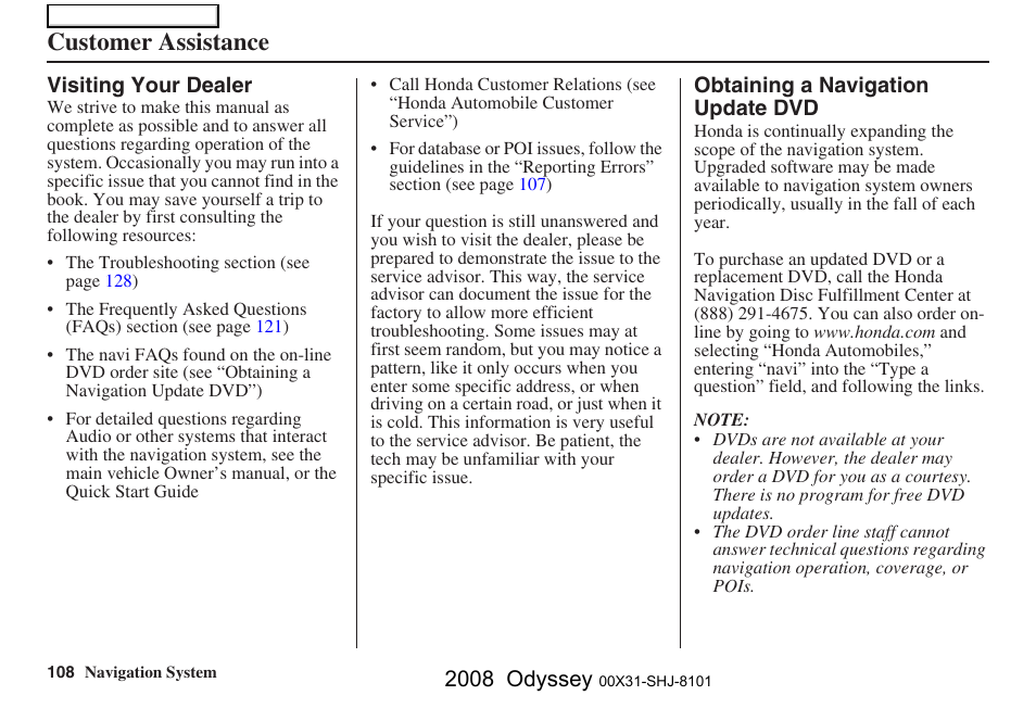 Customer assistance, 2008 odyssey | HONDA 2008 Odyssey Navigation User Manual | Page 108 / 148