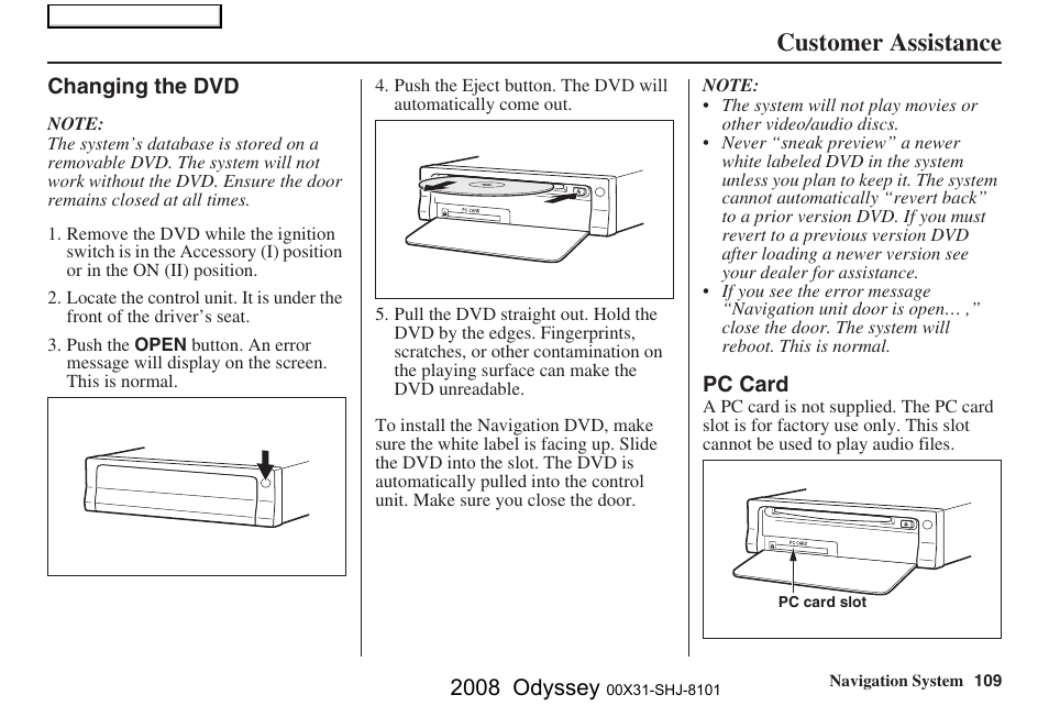 Customer assistance, 2008 odyssey | HONDA 2008 Odyssey Navigation User Manual | Page 109 / 148