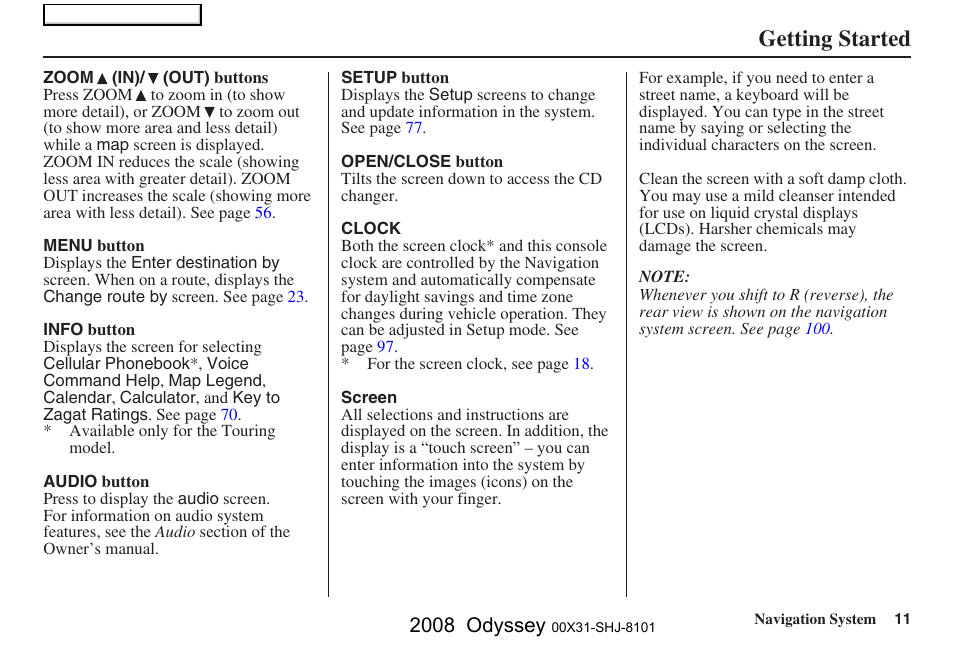 Getting started, 2008 odyssey | HONDA 2008 Odyssey Navigation User Manual | Page 11 / 148