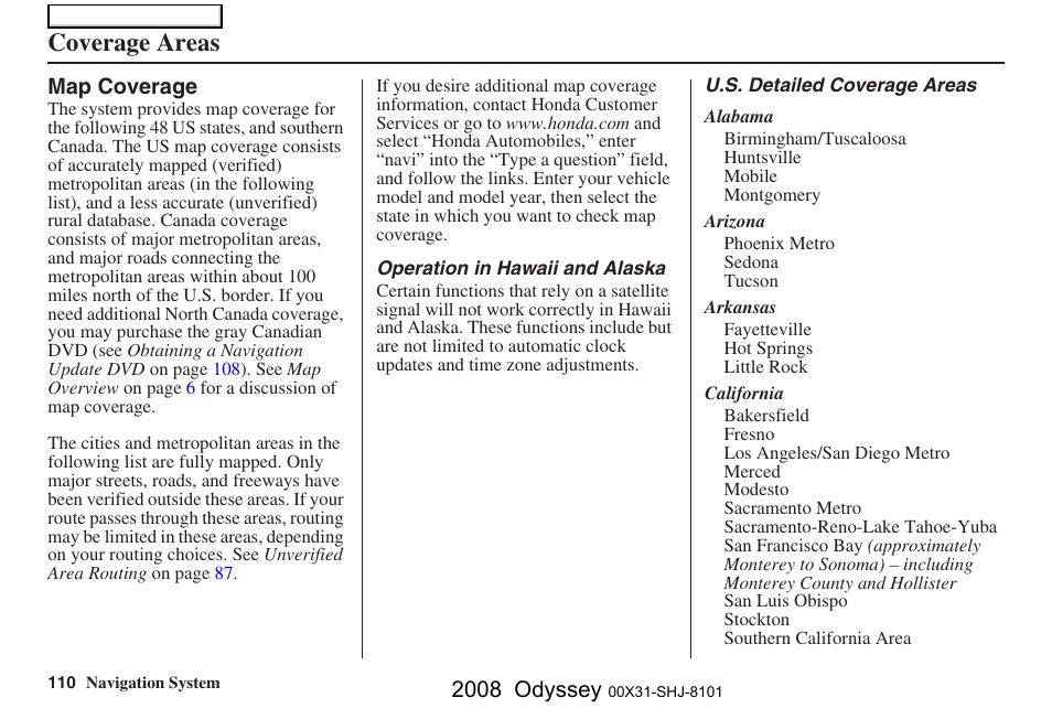 Coverage areas, 2008 odyssey | HONDA 2008 Odyssey Navigation User Manual | Page 110 / 148