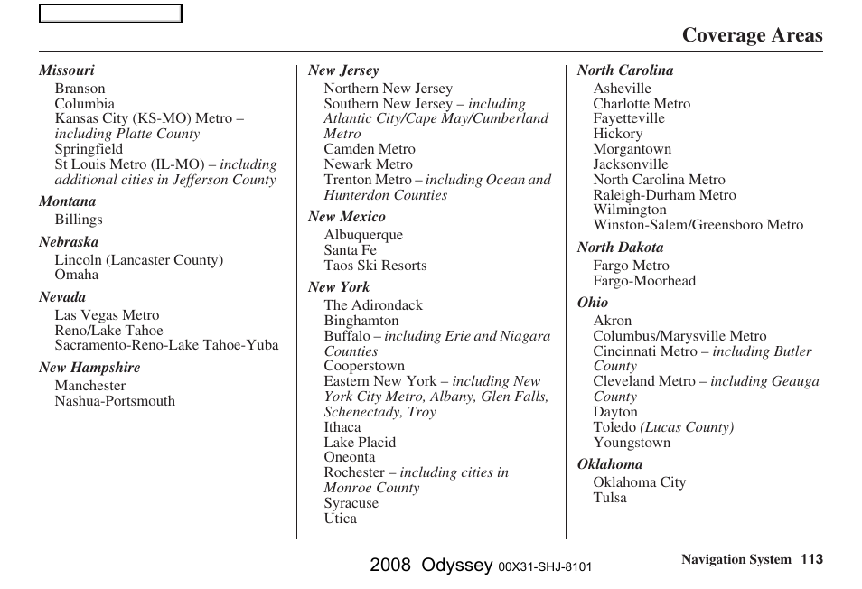 Coverage areas, 2008 odyssey | HONDA 2008 Odyssey Navigation User Manual | Page 113 / 148