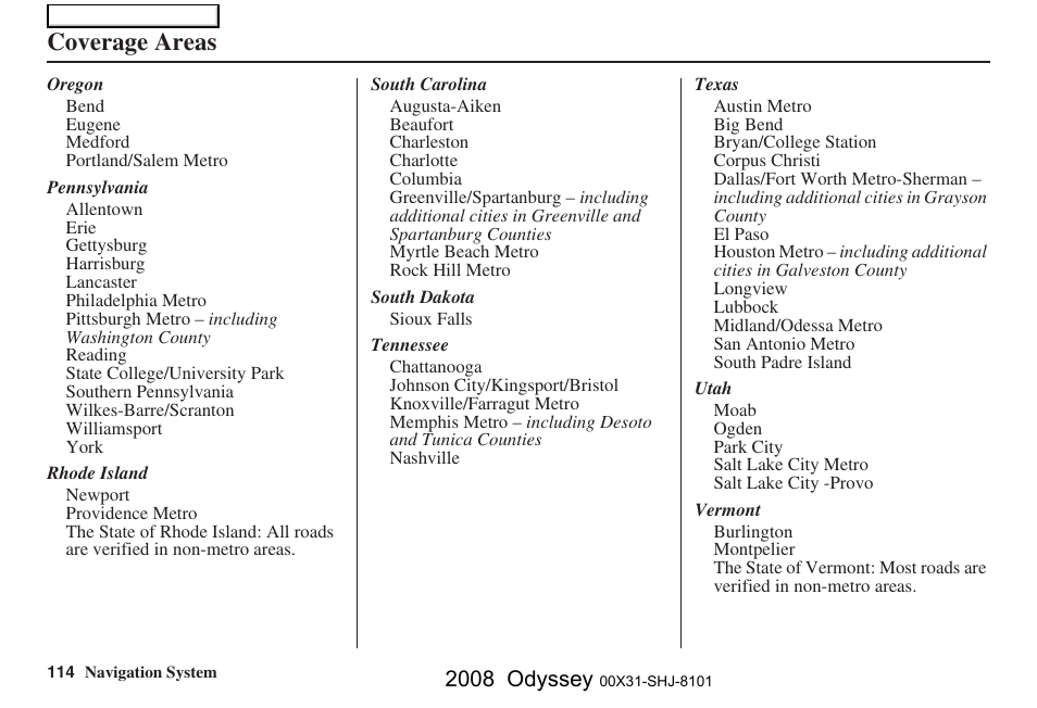 Coverage areas, 2008 odyssey | HONDA 2008 Odyssey Navigation User Manual | Page 114 / 148