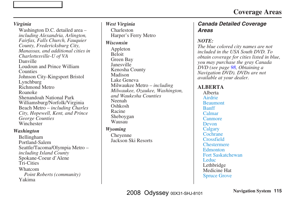 Coverage areas, 2008 odyssey | HONDA 2008 Odyssey Navigation User Manual | Page 115 / 148