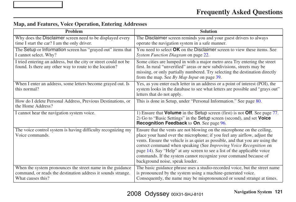 Frequently asked questions, 2008 odyssey | HONDA 2008 Odyssey Navigation User Manual | Page 121 / 148