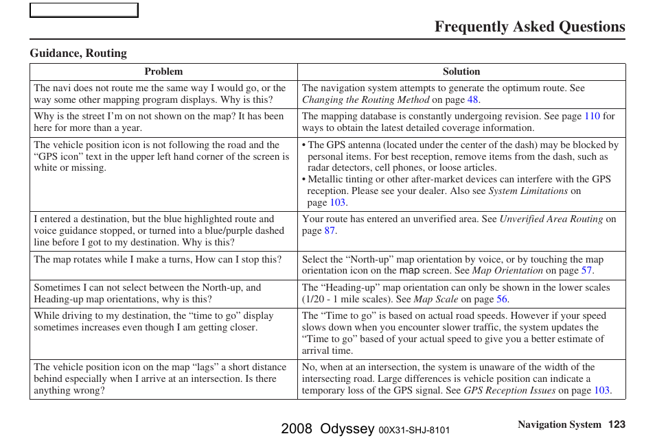 Frequently asked questions, 2008 odyssey | HONDA 2008 Odyssey Navigation User Manual | Page 123 / 148