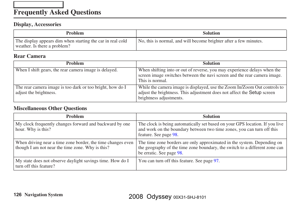 Frequently asked questions, 2008 odyssey | HONDA 2008 Odyssey Navigation User Manual | Page 126 / 148