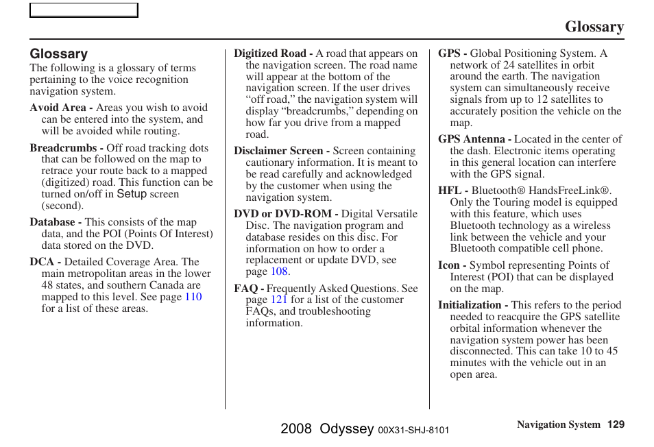 Glossary, 2008 odyssey | HONDA 2008 Odyssey Navigation User Manual | Page 129 / 148