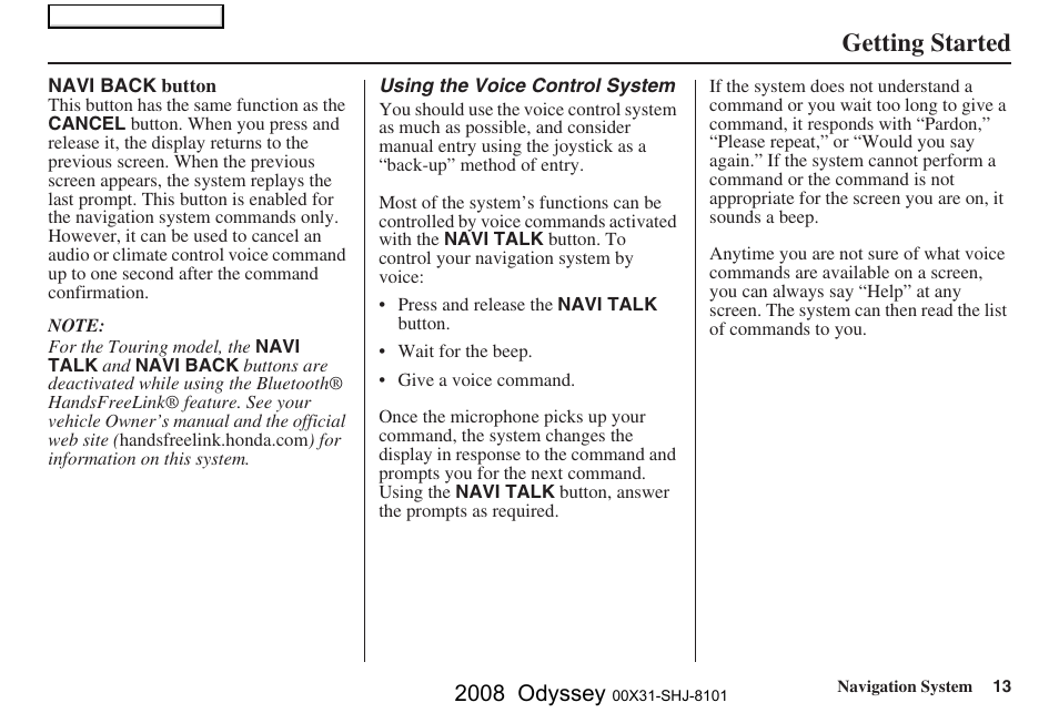 Getting started, 2008 odyssey | HONDA 2008 Odyssey Navigation User Manual | Page 13 / 148