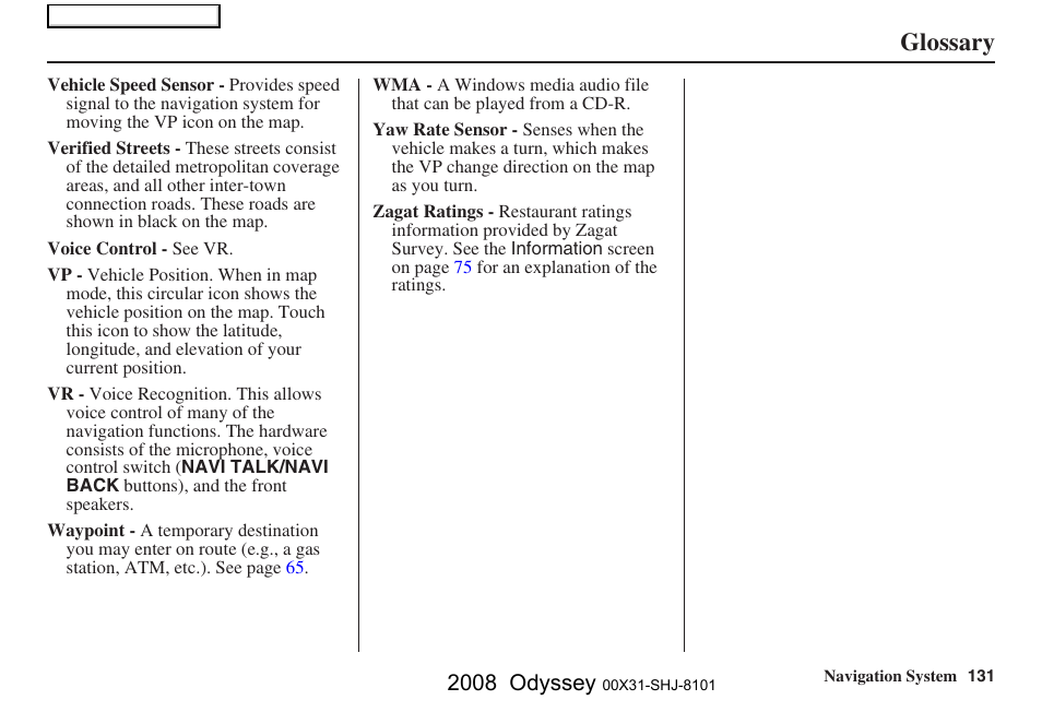 Glossary, 2008 odyssey | HONDA 2008 Odyssey Navigation User Manual | Page 131 / 148