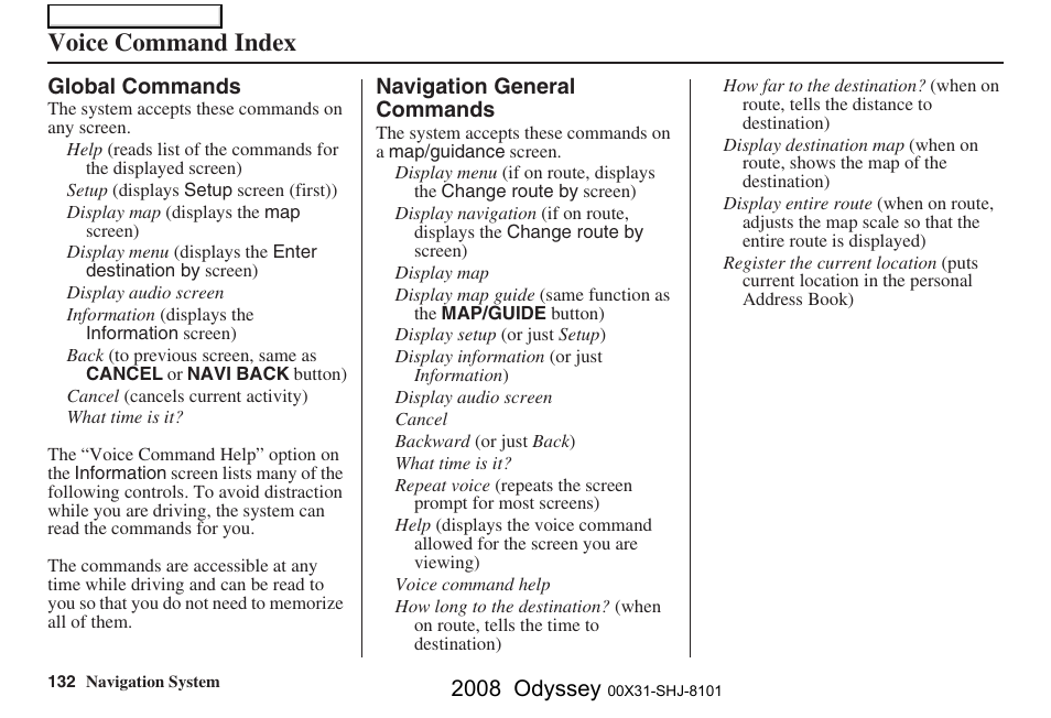 Voice command index, 2008 odyssey | HONDA 2008 Odyssey Navigation User Manual | Page 132 / 148