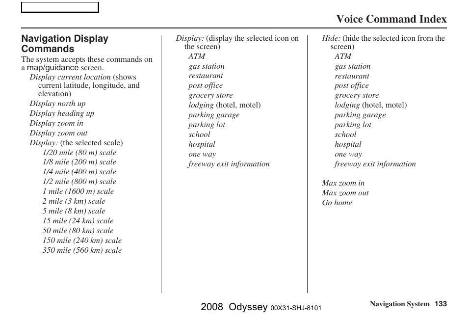 Voice command index, 2008 odyssey | HONDA 2008 Odyssey Navigation User Manual | Page 133 / 148
