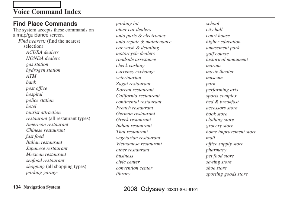 Voice command index, 2008 odyssey | HONDA 2008 Odyssey Navigation User Manual | Page 134 / 148