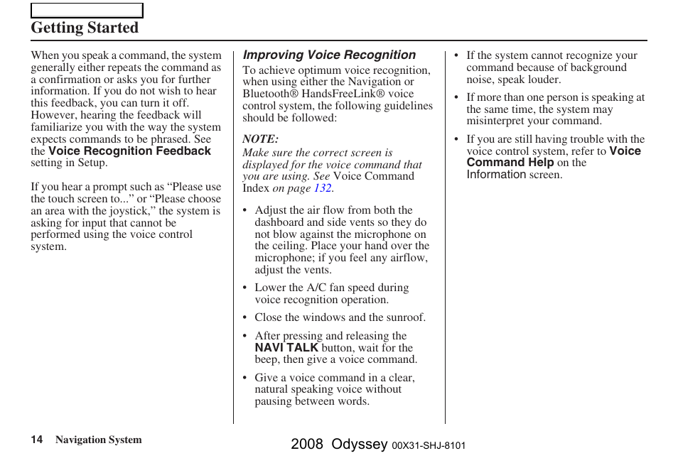 Getting started, 2008 odyssey | HONDA 2008 Odyssey Navigation User Manual | Page 14 / 148
