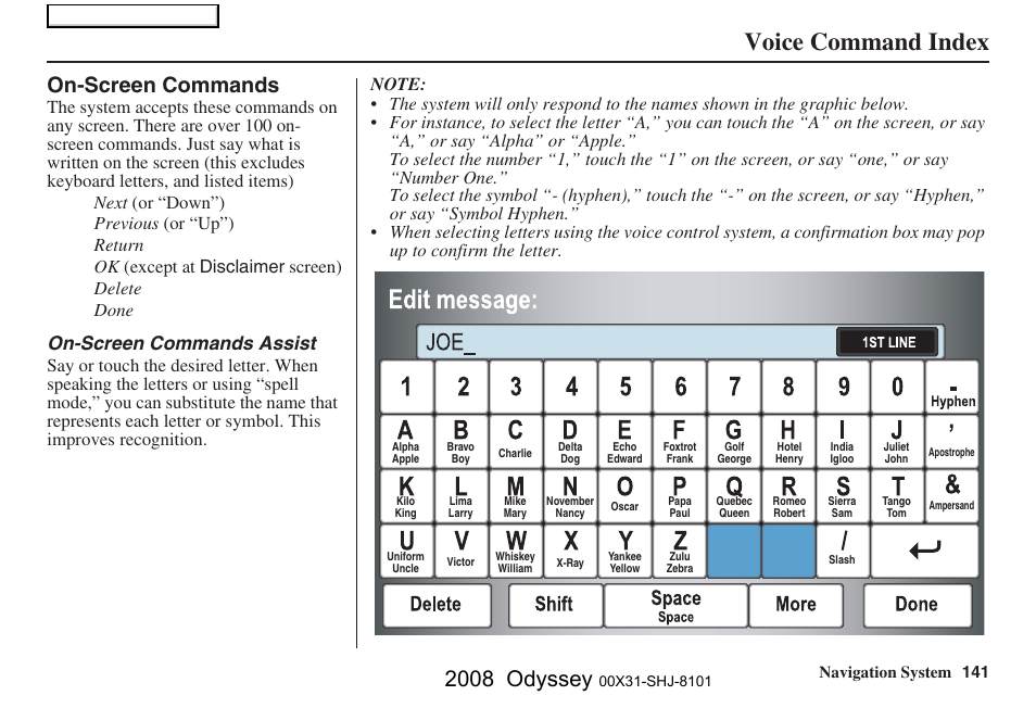 Voice command index, 2008 odyssey, On-screen commands | On-screen commands assist, Navigation system 141 | HONDA 2008 Odyssey Navigation User Manual | Page 141 / 148
