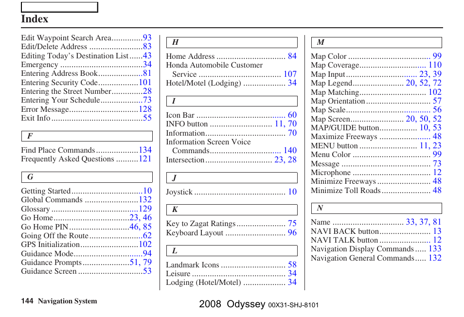 Index | HONDA 2008 Odyssey Navigation User Manual | Page 144 / 148