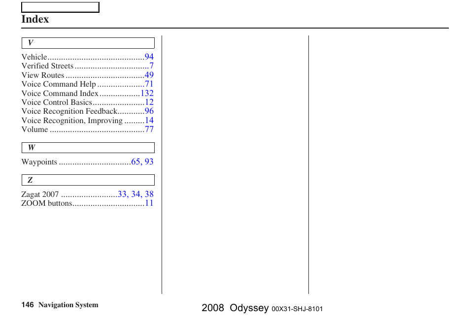 Index | HONDA 2008 Odyssey Navigation User Manual | Page 146 / 148