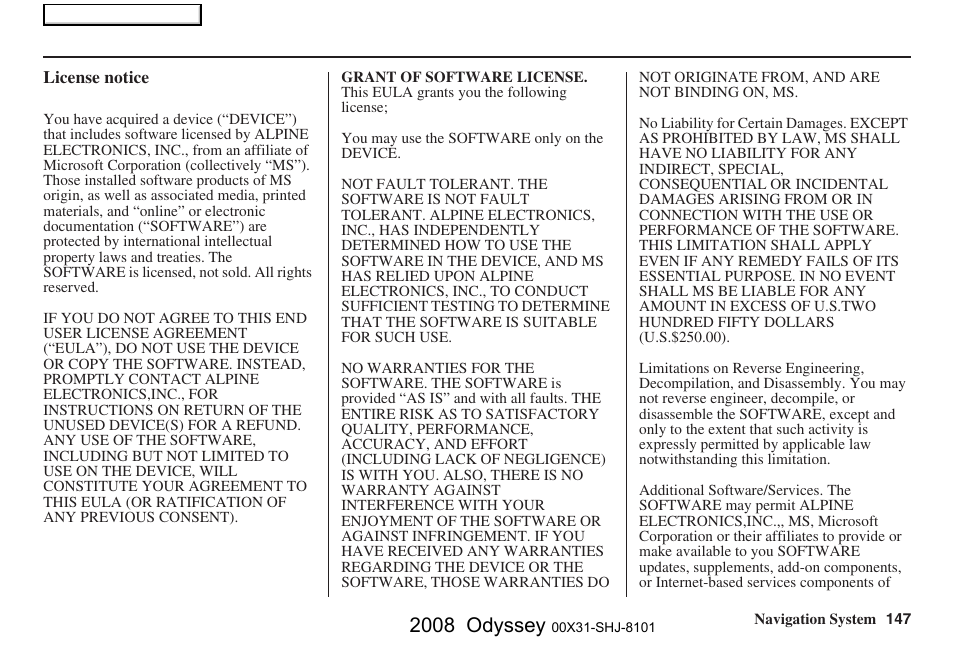2008 odyssey | HONDA 2008 Odyssey Navigation User Manual | Page 147 / 148
