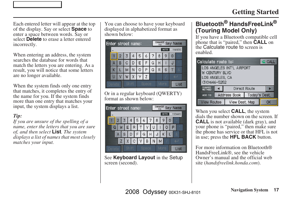 Getting started, 2008 odyssey | HONDA 2008 Odyssey Navigation User Manual | Page 17 / 148