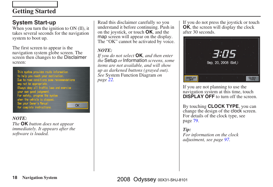Getting started, 2008 odyssey | HONDA 2008 Odyssey Navigation User Manual | Page 18 / 148