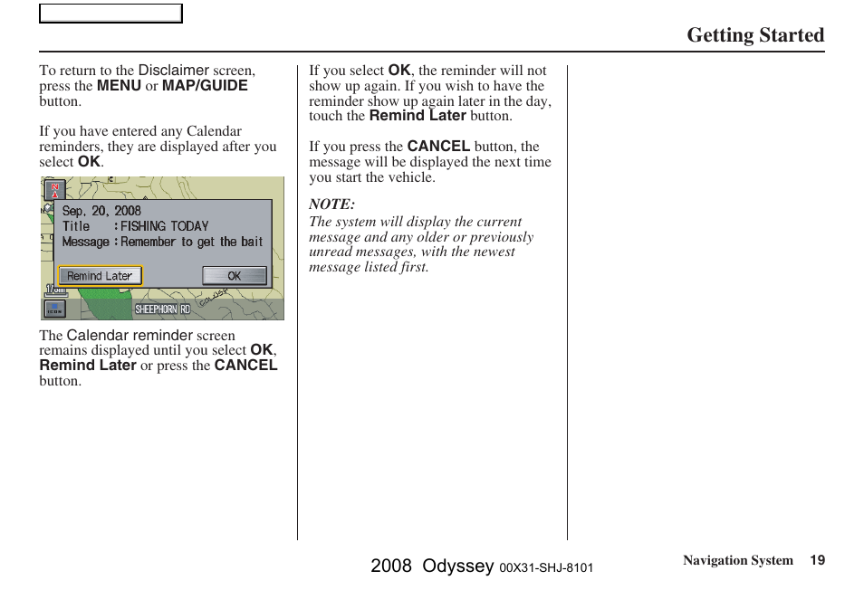 Getting started, 2008 odyssey | HONDA 2008 Odyssey Navigation User Manual | Page 19 / 148