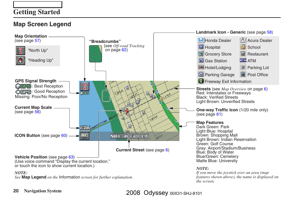 Getting started, 2008 odyssey, Map screen legend | HONDA 2008 Odyssey Navigation User Manual | Page 20 / 148
