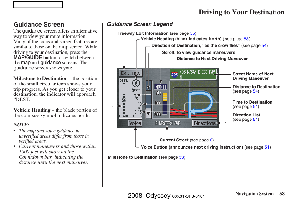 Driving to your destination, 2008 odyssey, Guidance screen | HONDA 2008 Odyssey Navigation User Manual | Page 53 / 148
