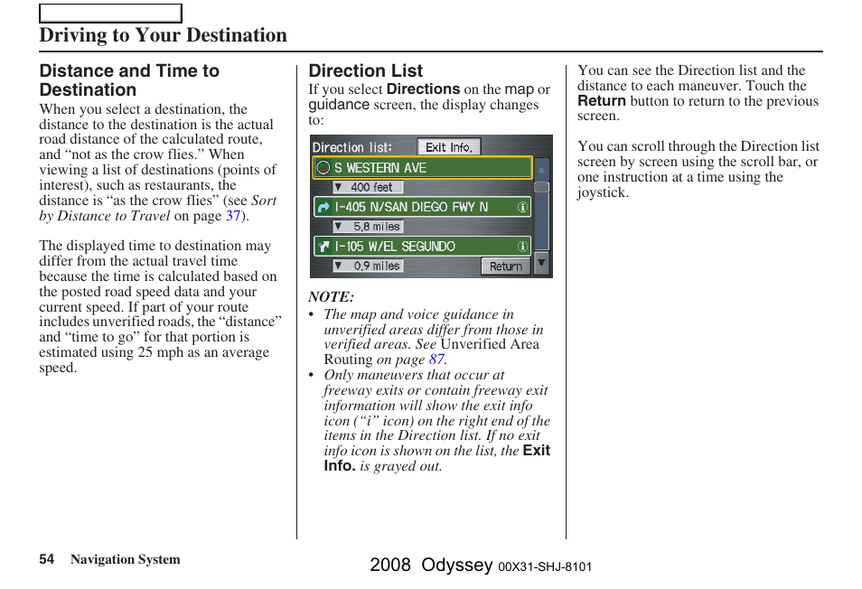Driving to your destination, 2008 odyssey | HONDA 2008 Odyssey Navigation User Manual | Page 54 / 148