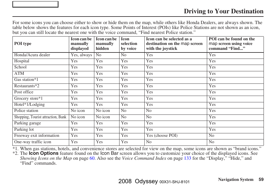 Driving to your destination, 2008 odyssey | HONDA 2008 Odyssey Navigation User Manual | Page 59 / 148