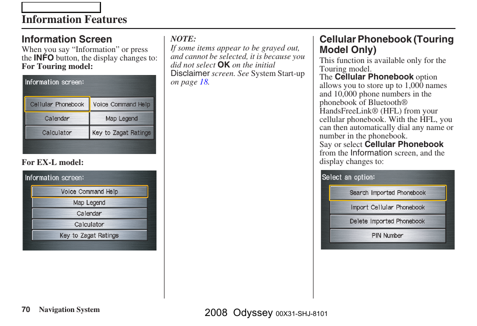 Information features, 2008 odyssey | HONDA 2008 Odyssey Navigation User Manual | Page 70 / 148