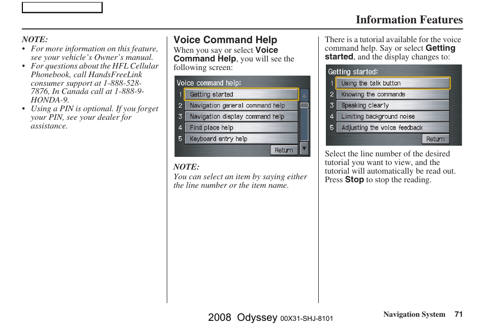 Information features, 2008 odyssey | HONDA 2008 Odyssey Navigation User Manual | Page 71 / 148